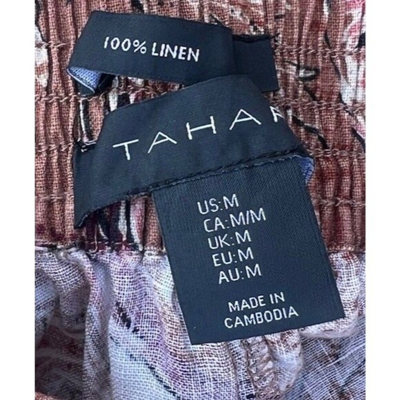 Tahari Linen Pants Women M Bird Floral Tropical Wide Leg Crop Pull On Cottage - Picture 5 of 6